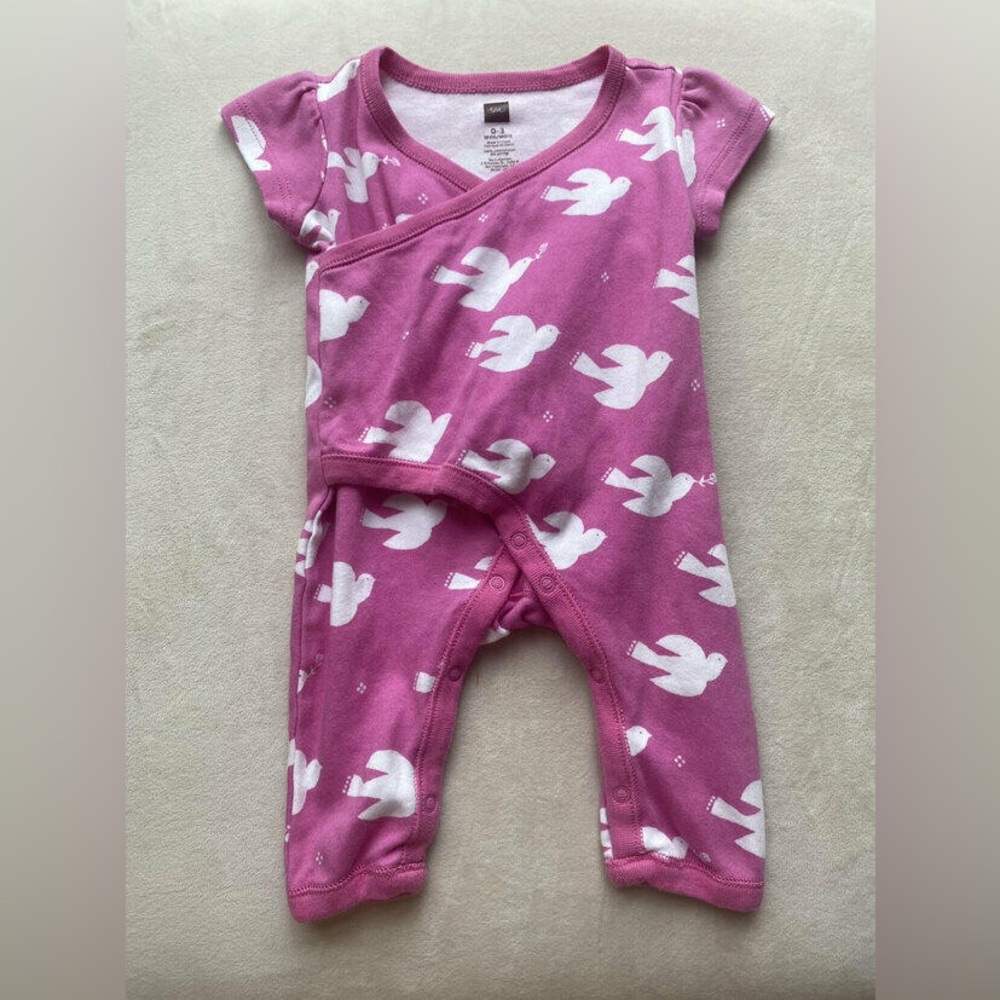 Tea Collection pink romper with white birds, size 3-6 months